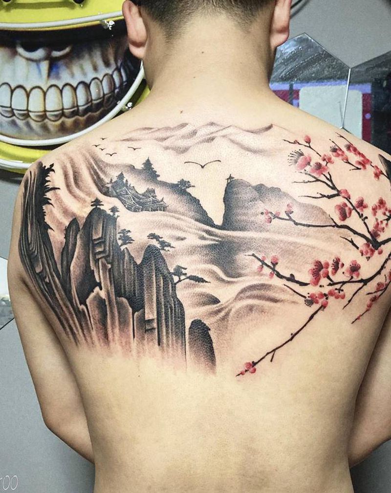 山水纹身图片_背部新传统老传统山水梅花纹身图案