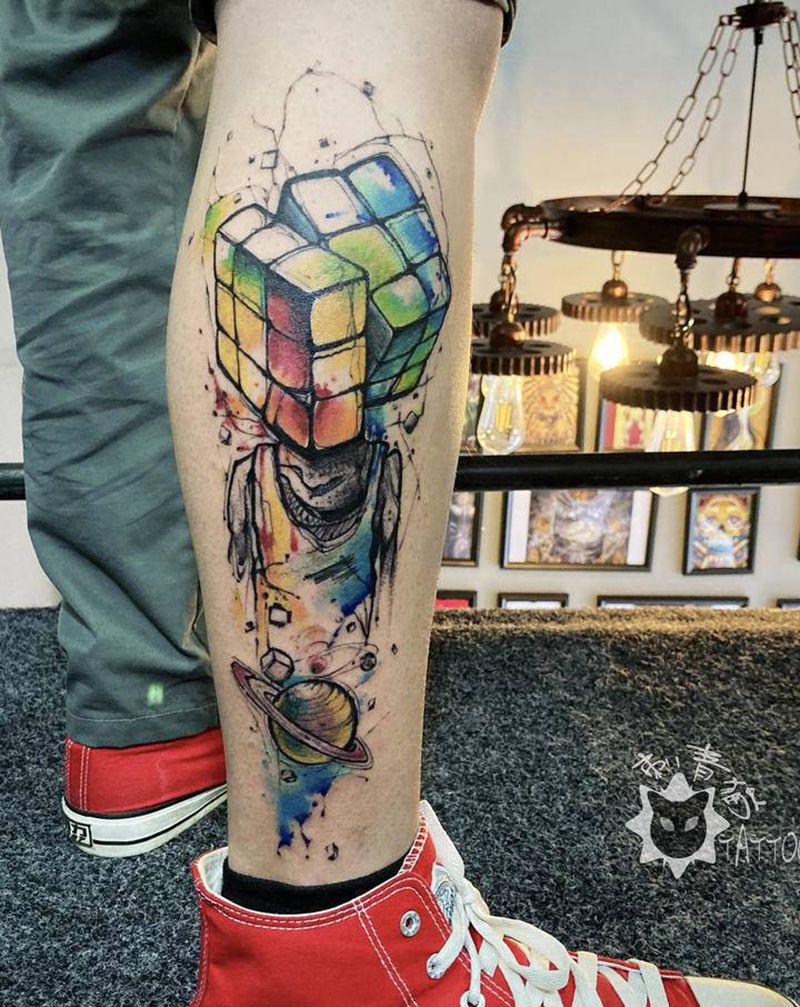 魔方纹身图片_手部手臂水彩New School魔方星球人生纹身图案