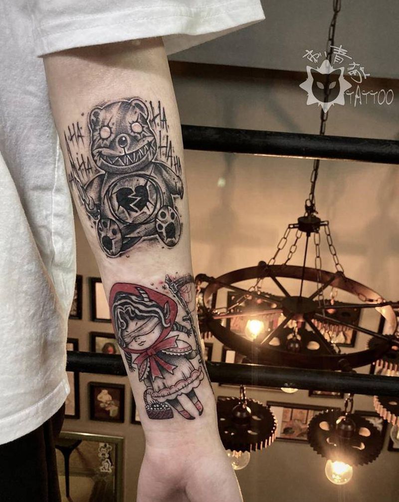暗黑熊.小红帽纹身图片_手部手臂Old SchoolNew School暗黑熊小红帽纹身图案