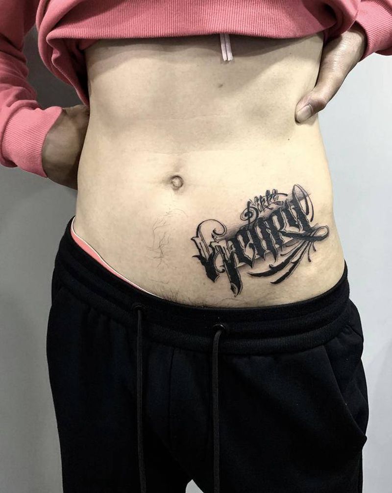 今日硬花纹身图片_腹部腰部几何花体字纹身图案