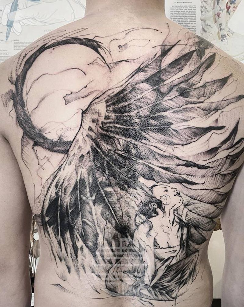 天使遮盖纹身图片_背部纹身图案