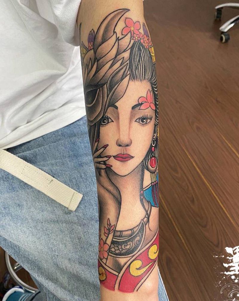 艺妓纹身图片_手部手臂新传统纹身图案