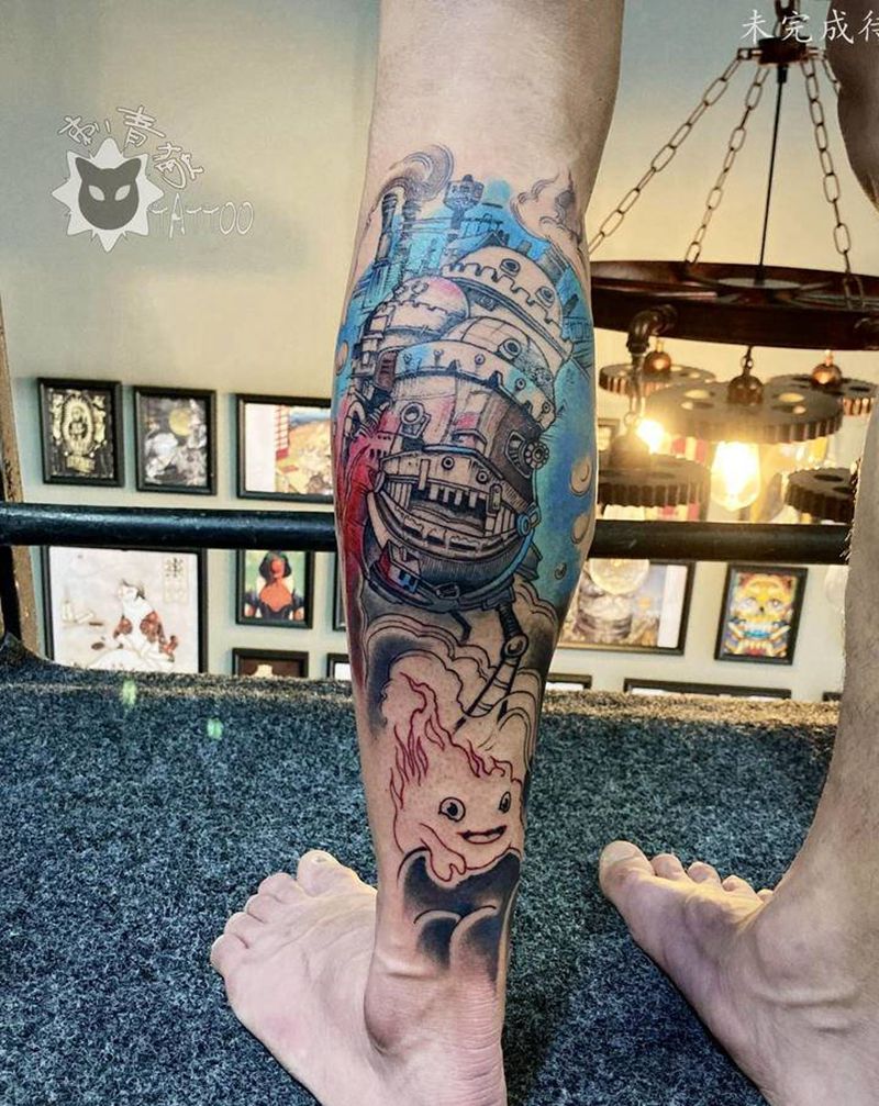 哈尔的移动城堡纹身图片_脚部腿部水彩New School宫崎骏移动城堡纹身图案