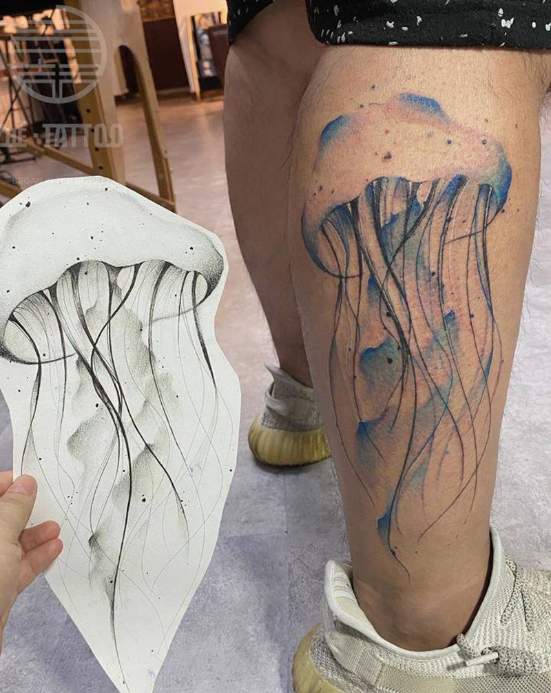 水彩水母纹身图片_水彩纹身图案
