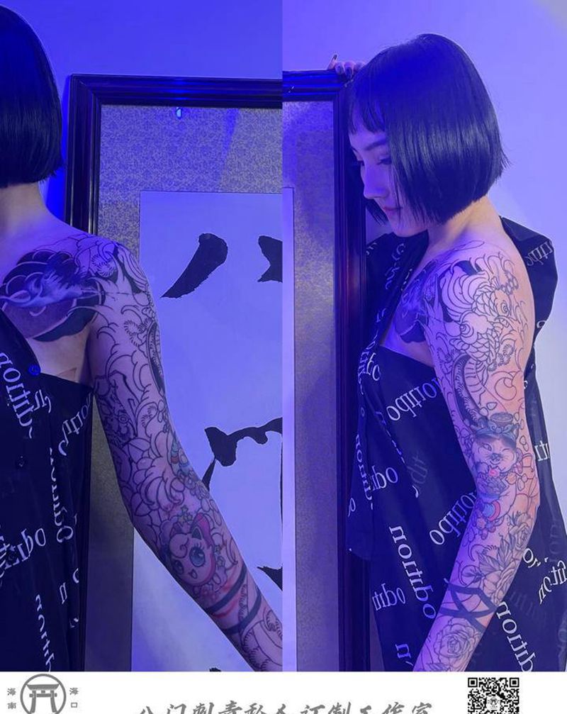 日式花臂拼接纹身图片_手臂老传统纹身图案