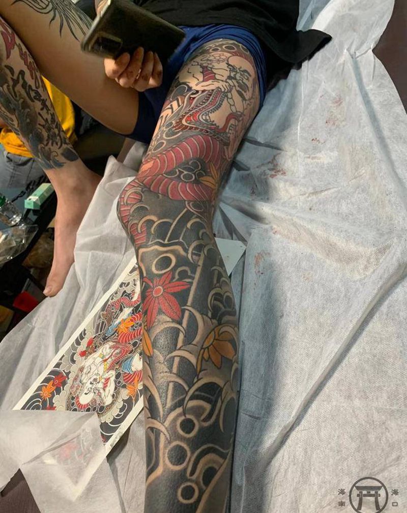 鲁智深花腿纹身图片_腿部老传统纹身图案