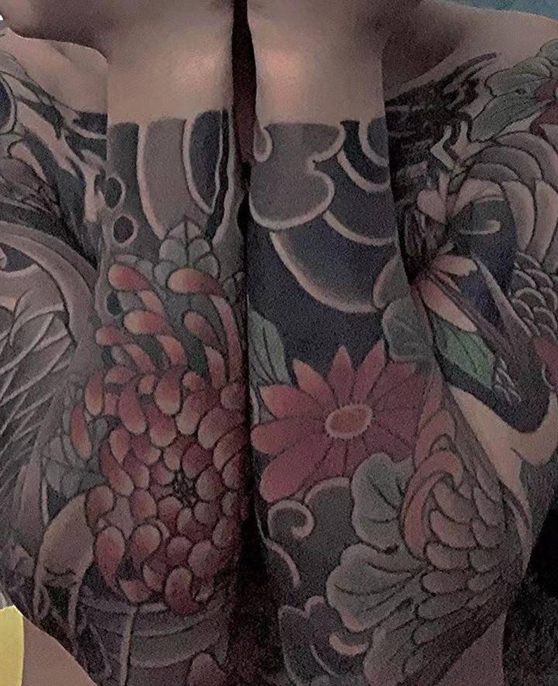 日式双花臂恢复后纹身图片_手臂老传统纹身图案