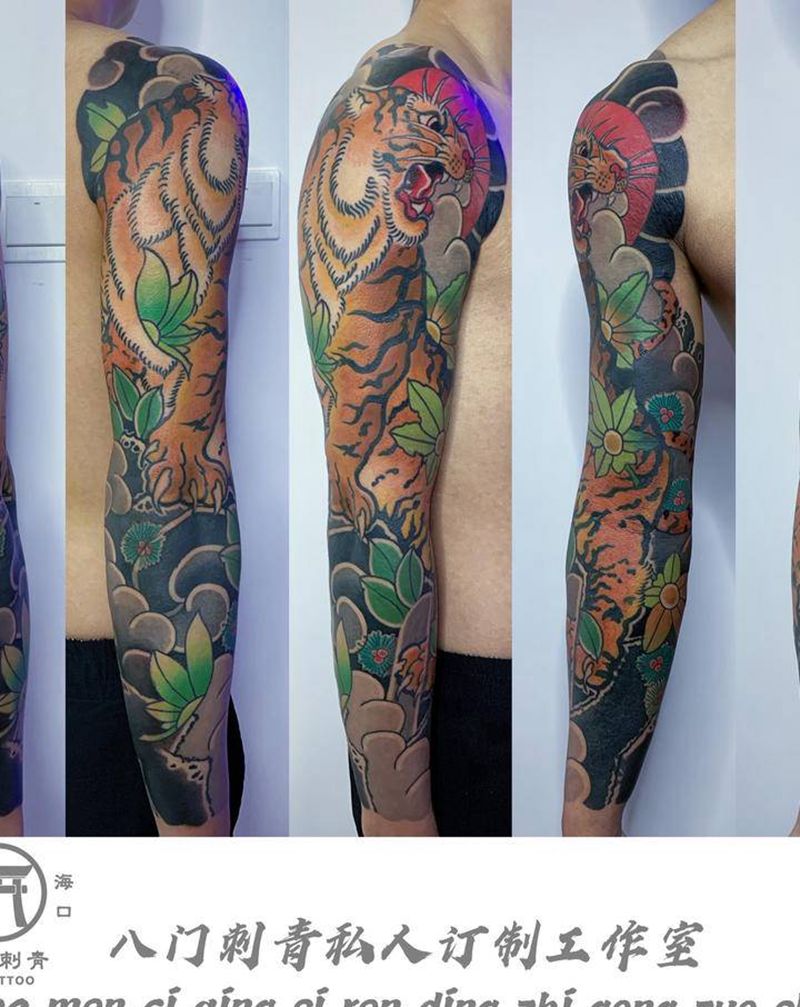 虎威纹身图片_手臂老传统老虎纹身图案