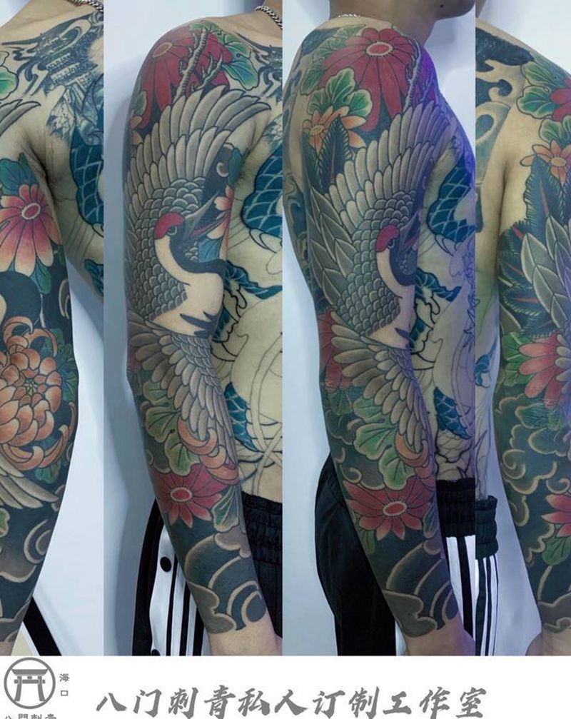 仙鹤花臂纹身图片_手臂老传统纹身图案