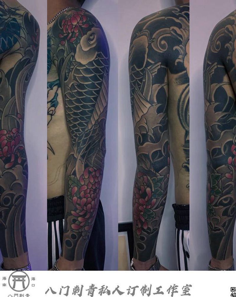 鲤鱼花臂纹身图片_手臂老传统纹身图案
