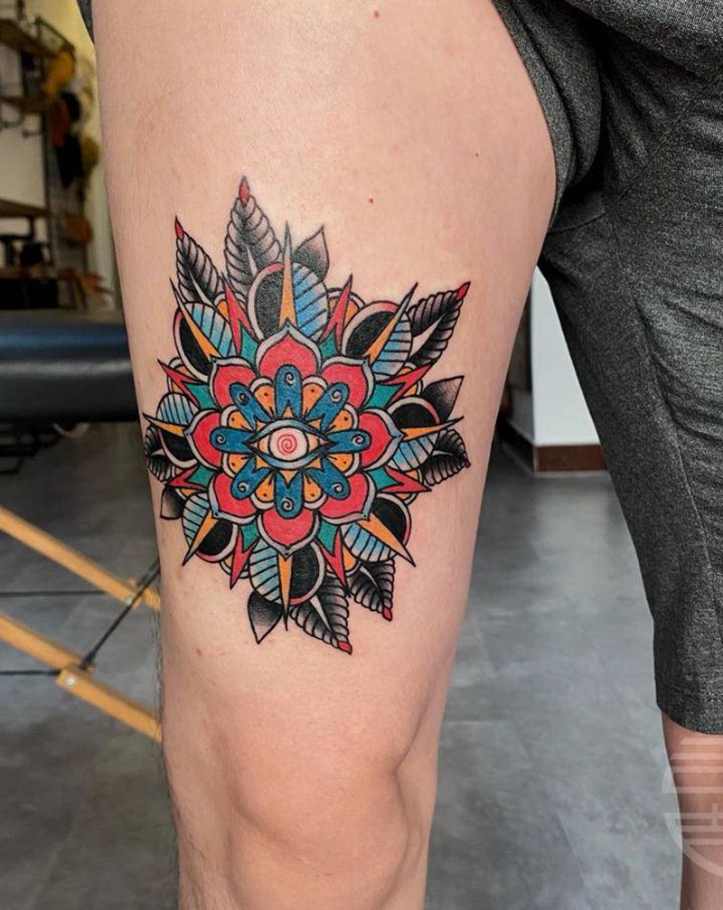 曼陀罗花纹身图片_腿部Old School纹身图案
