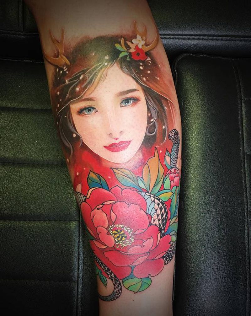 肖像纹身图片_腿部欧美写实新传统纹身图案