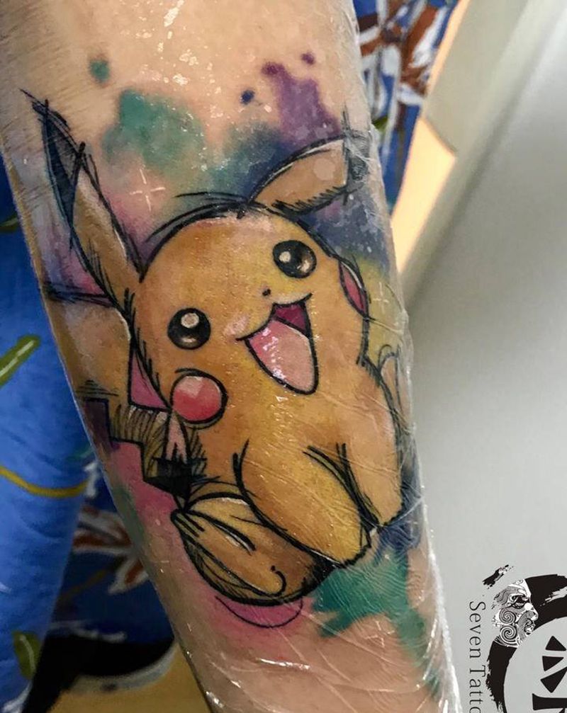 水彩皮卡丘纹身图片_手臂纹身图案