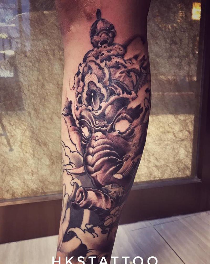 象神纹身图片_腿部新传统纹身图案