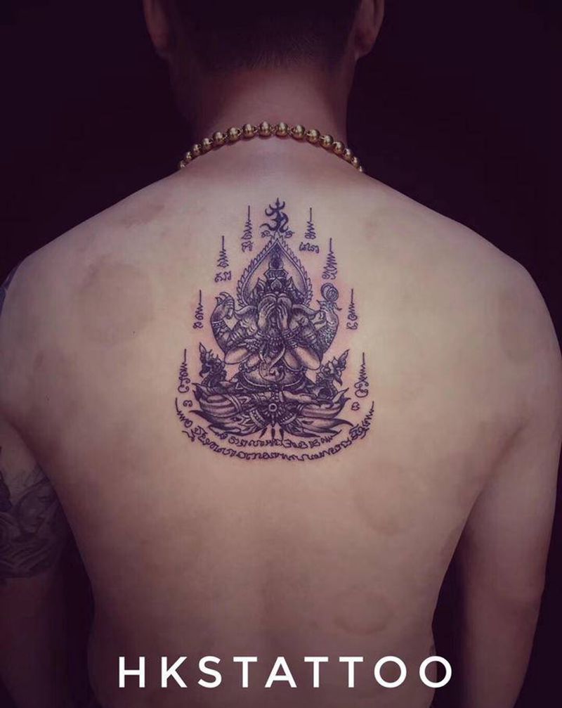 泰国象神纹身图片_背部水墨纹身图案