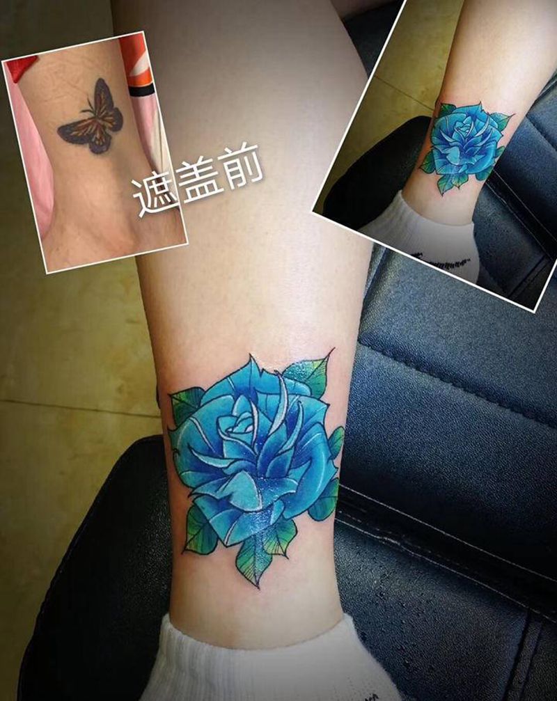 花 遮盖纹身图片_腿部New School纹身图案