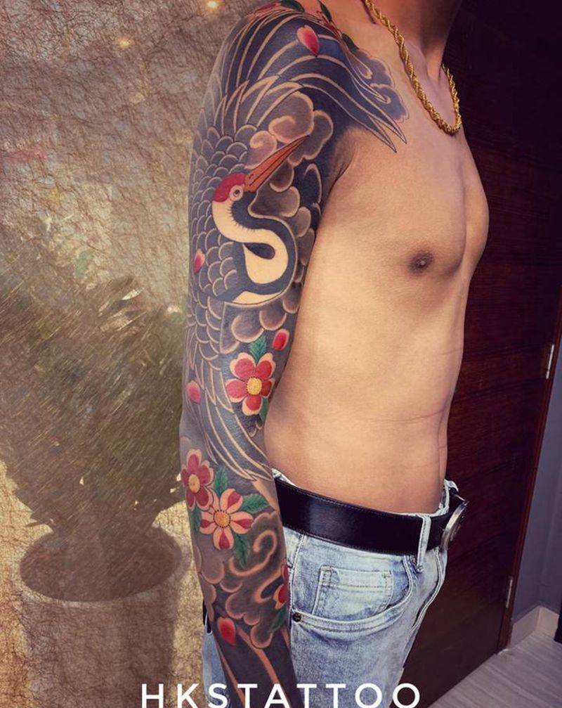 仙鹤纹身图片_手臂老传统纹身图案