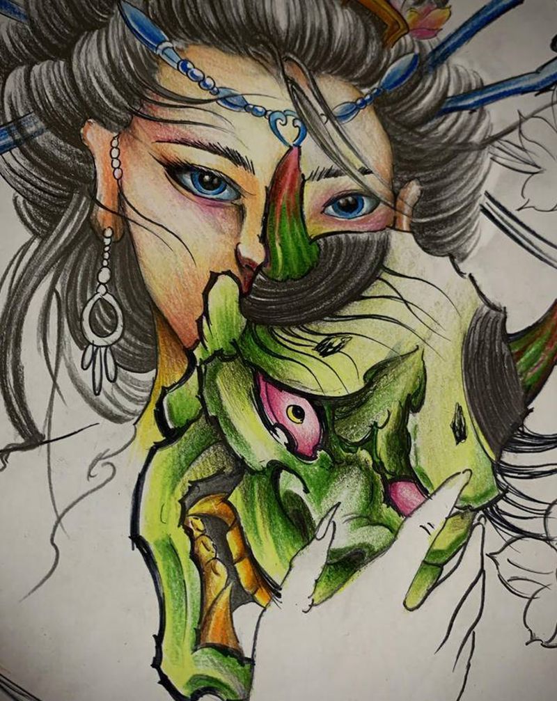 艺伎手稿纹身图片_新传统纹身图案