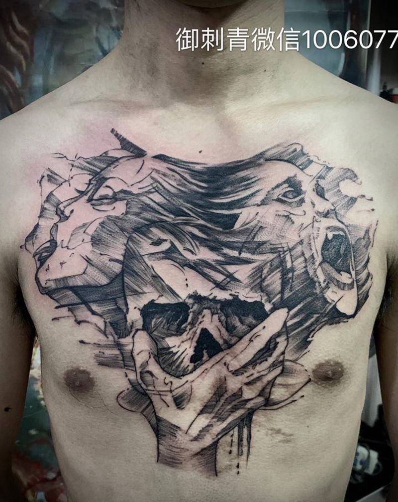 欧美纹身图片_胸部点刺New School纹身图案