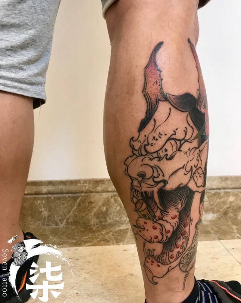 上色未完成❎般若纹身图片_腿部纹身图案