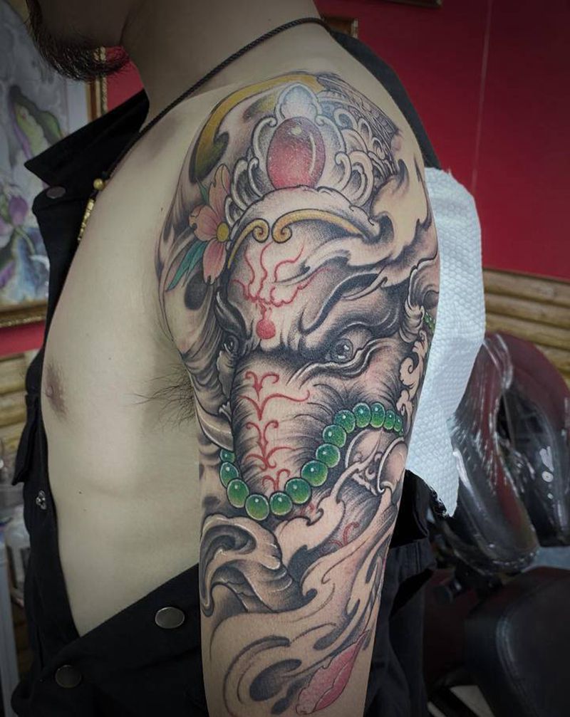 象神纹身图片_手臂新传统纹身图案