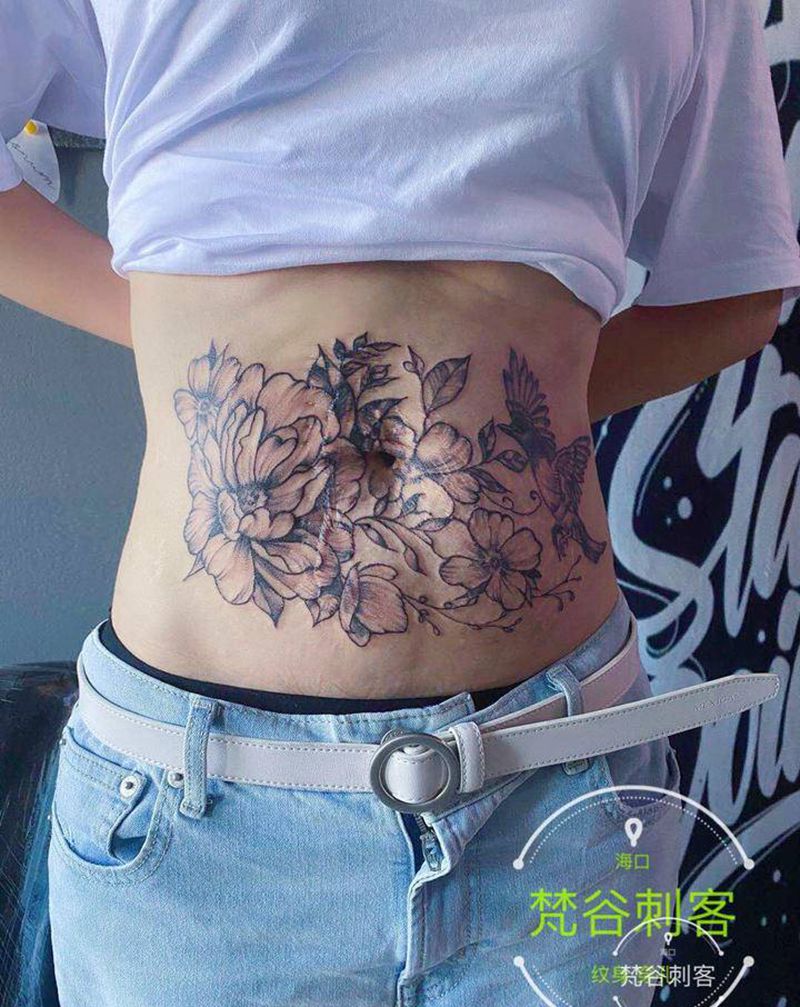 妊娠纹遮盖纹身图片_腹部点刺遮盖纹身图案