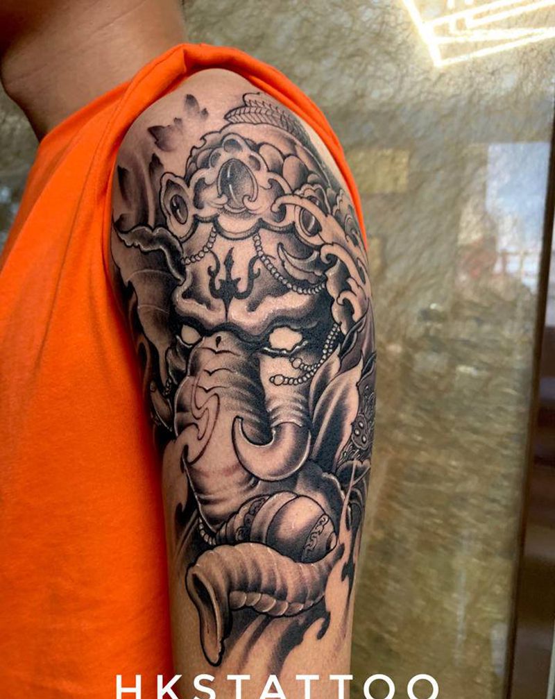 象神纹身图片_手臂新传统纹身图案