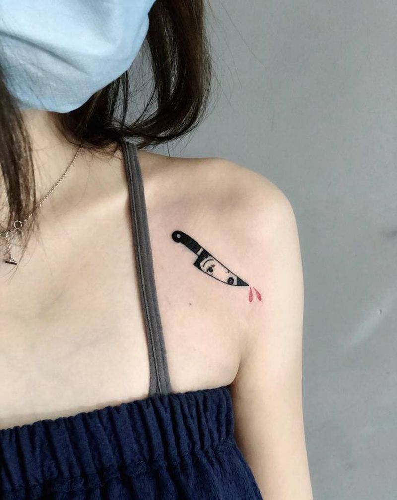 匕首纹身图片_肩部图腾点刺纹身图案