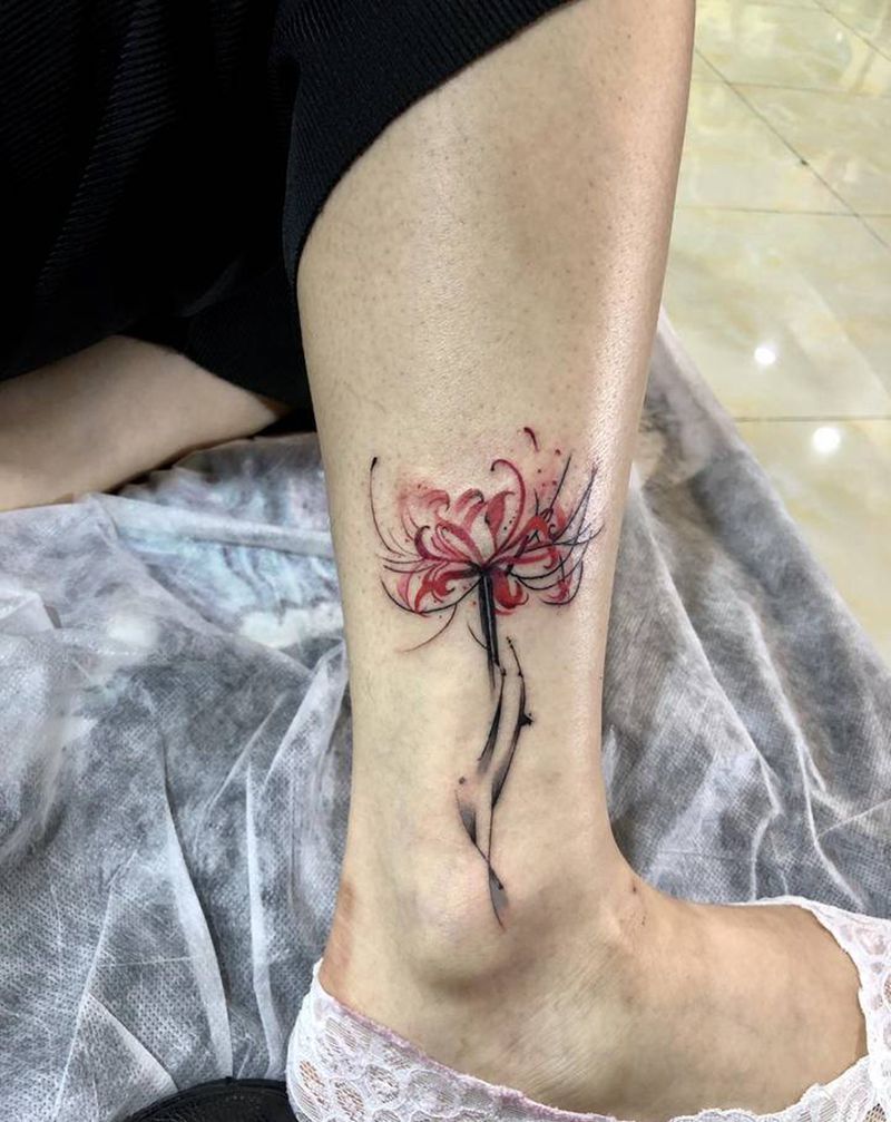 彼岸花纹身图片_腿部脚部水彩水墨纹身图案