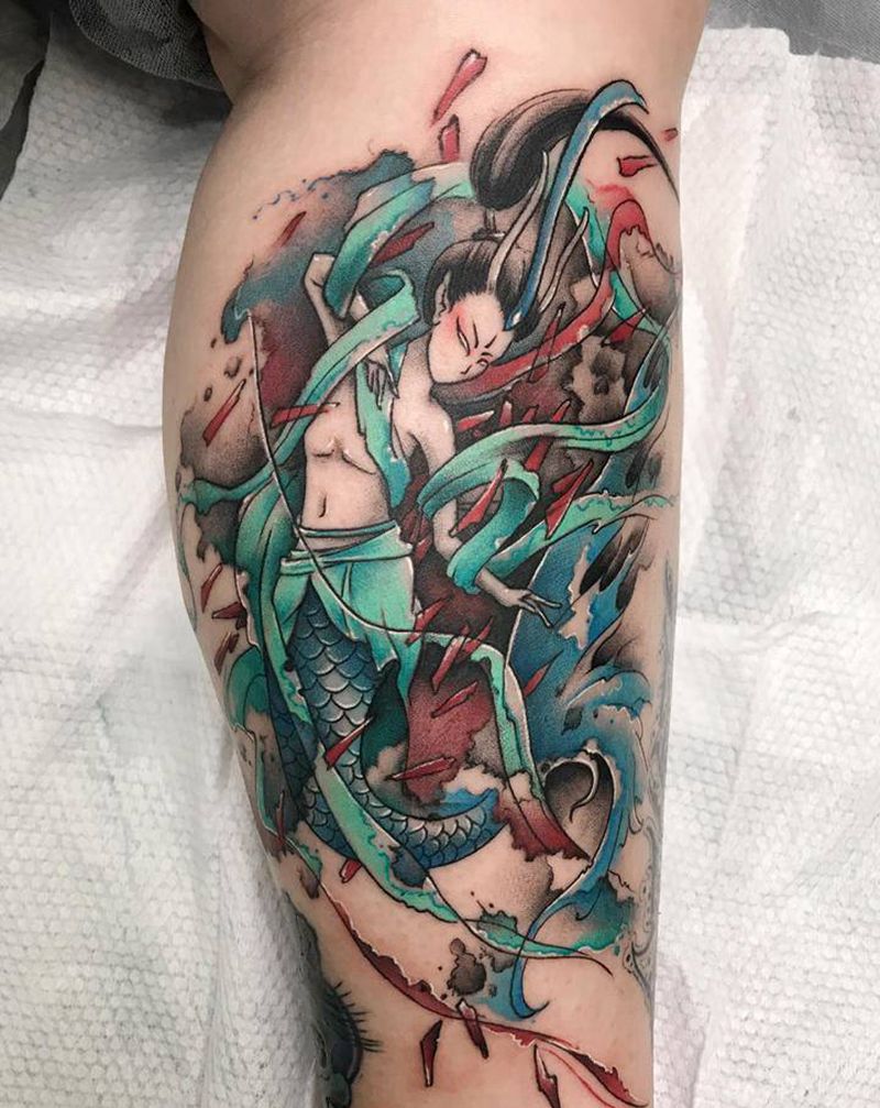 国风【丰兄作品】纹身图片_腿部水彩水墨原创中国风星座纹身图案