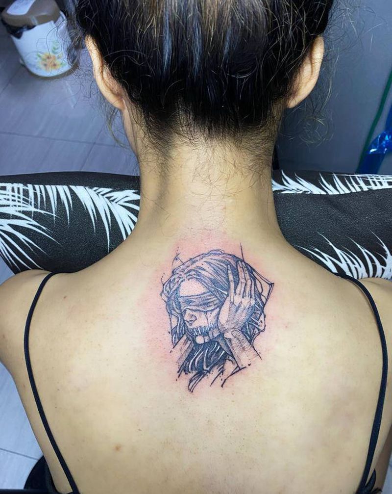 女头像纹身图片_背部手稿风纹身图案