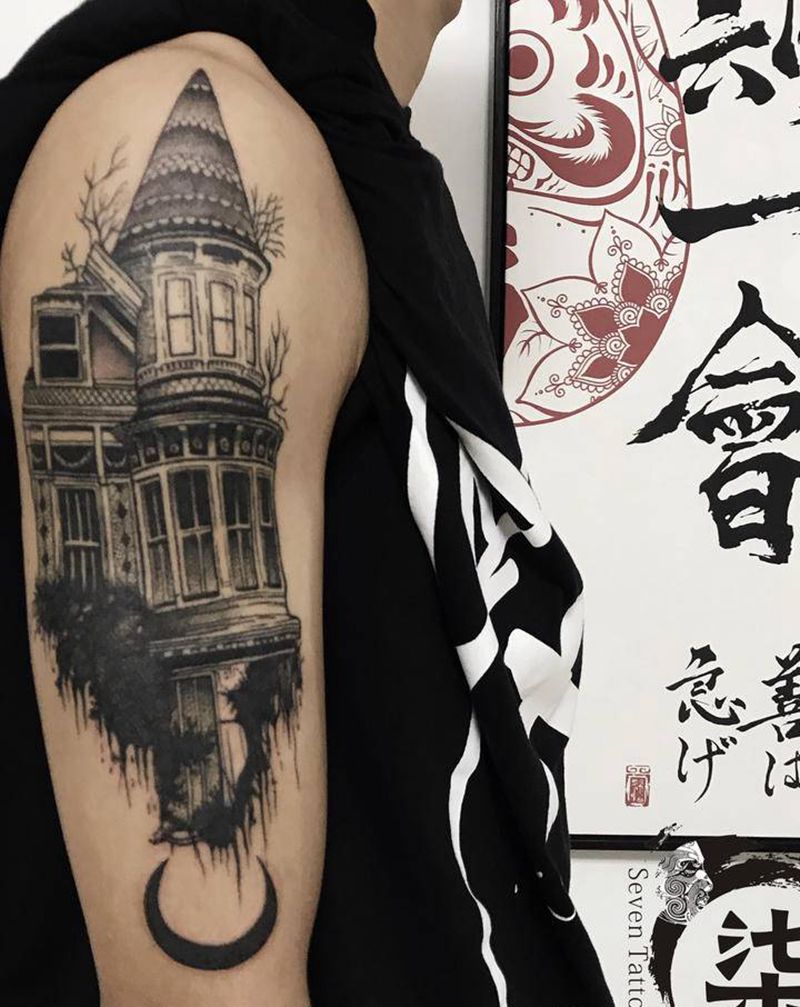 插画城堡纹身图片_手臂欧美写实点刺纹身图案