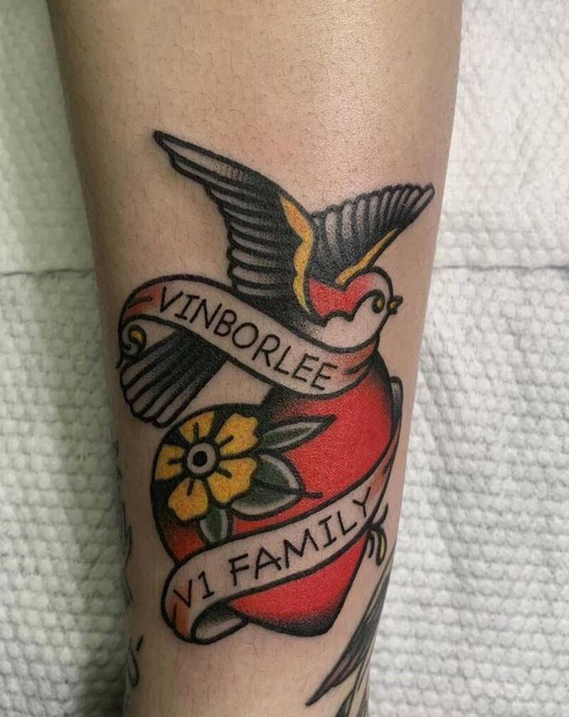 Oldschool燕子纹身图片_腿部Old School原创燕子桃心纹身图案