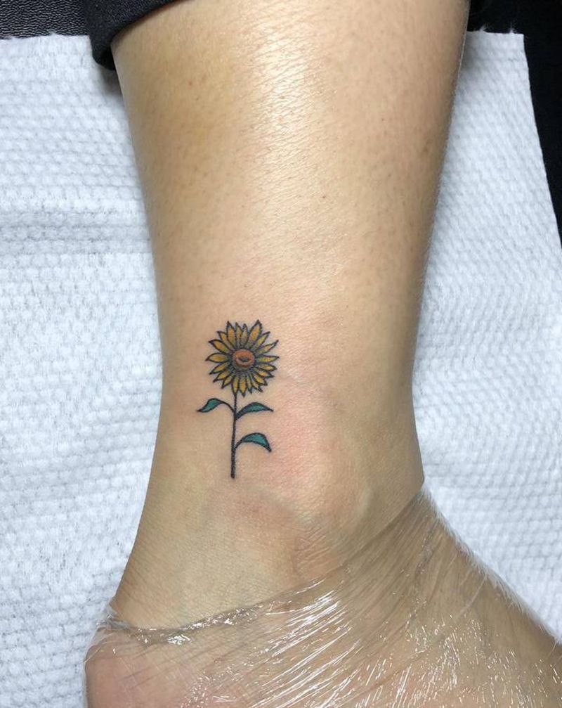 向日葵纹身图片_脚部腿部水彩水墨纹身图案