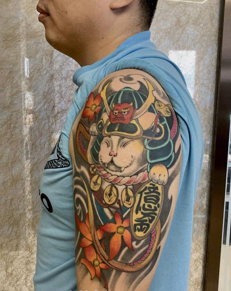 武士猫纹身图片_手臂纹身图案