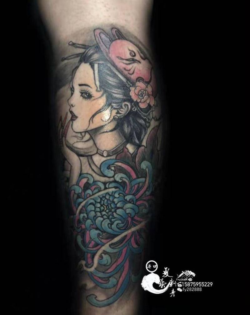 艺妓纹身图片_腿部欧美写实新传统纹身图案
