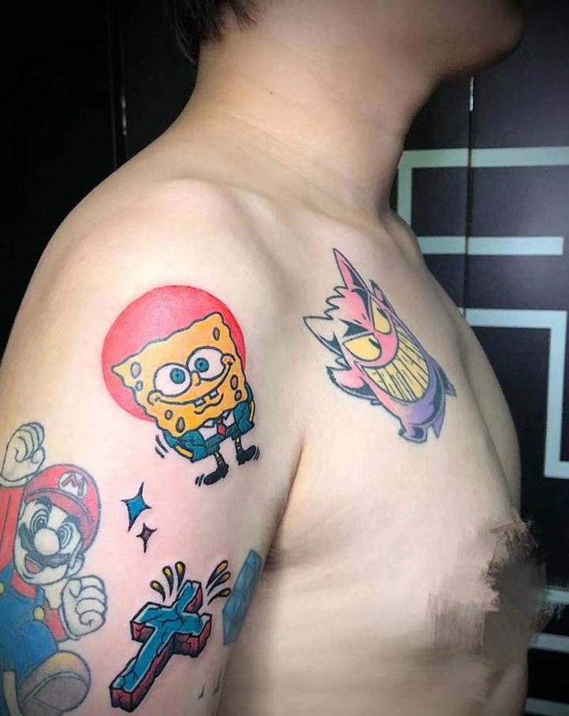 海绵宝宝纹身图片_肩部手臂Old School纹身图案