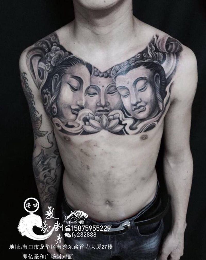 三面佛纹身图片_颈部新传统纹身图案