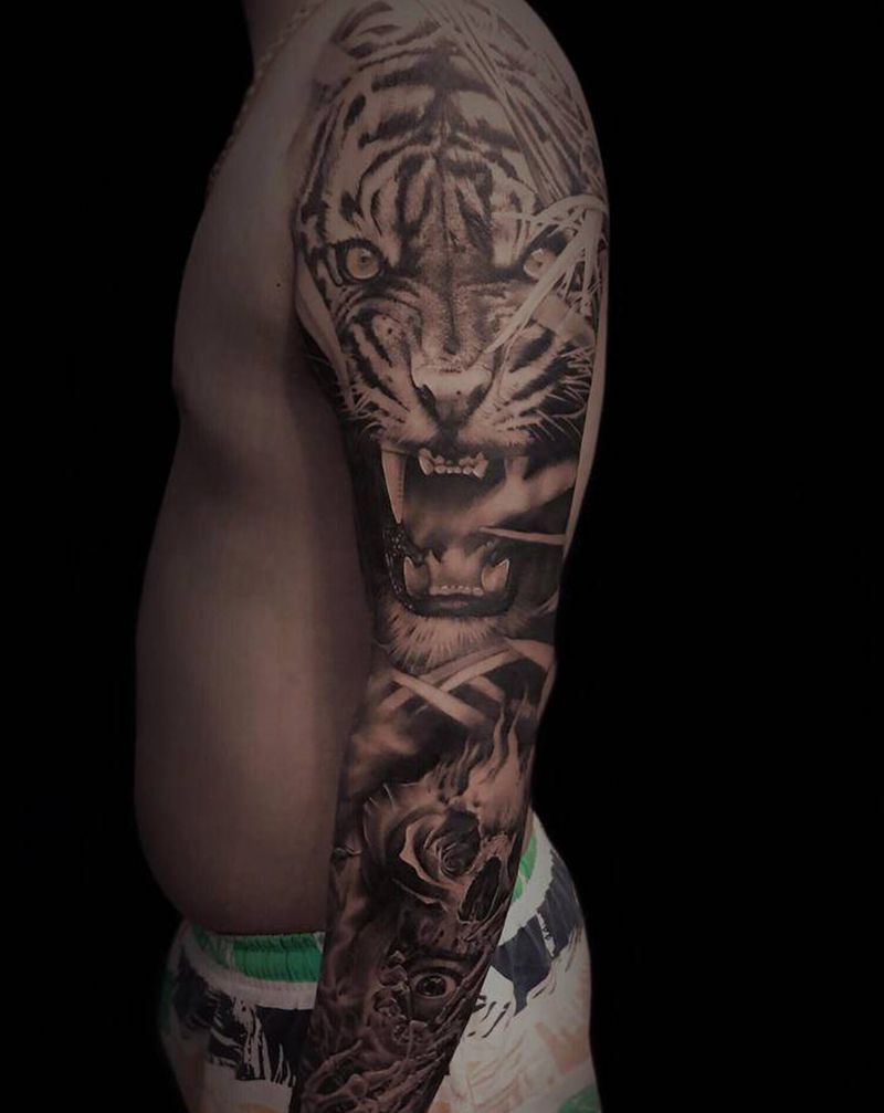 素描写实【根作品】纹身图片_手臂欧美写实老虎骷髅原创纹身图案