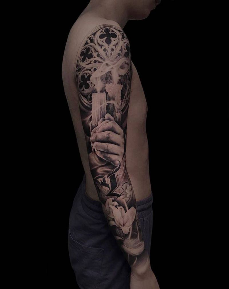 写实【根作品】纹身图片_手臂欧美写实蜡烛手原创纹身图案