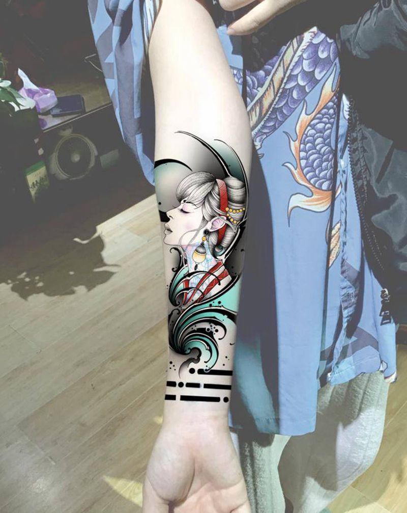 遮盖心电图纹身图片_手臂水彩纹身图案