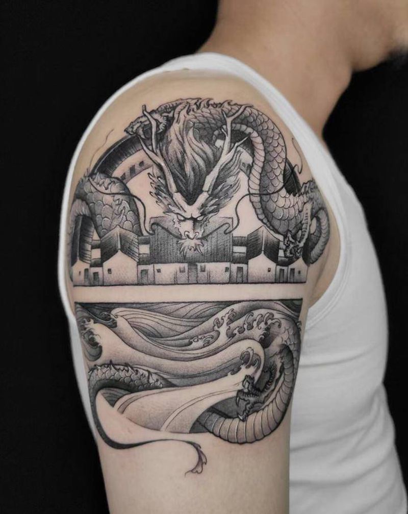 乡愁【丰兄作品】纹身图片_手臂新传统龙建筑原创纹身图案