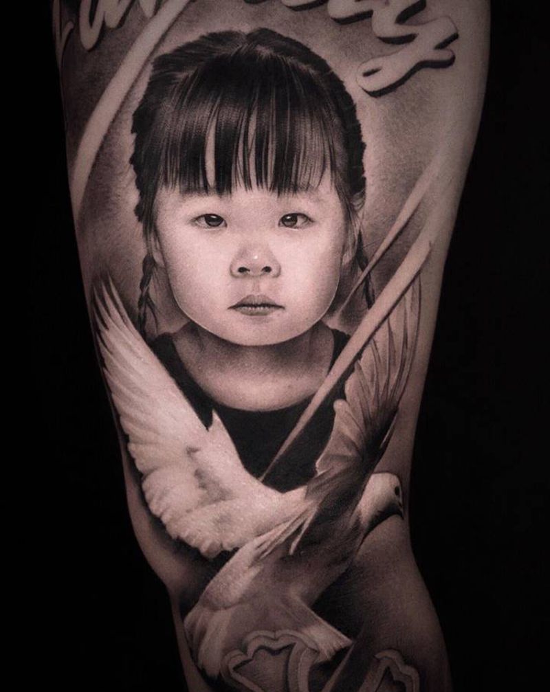 肖像【根作品】纹身图片_手臂欧美写实肖像鸽子原创纹身图案