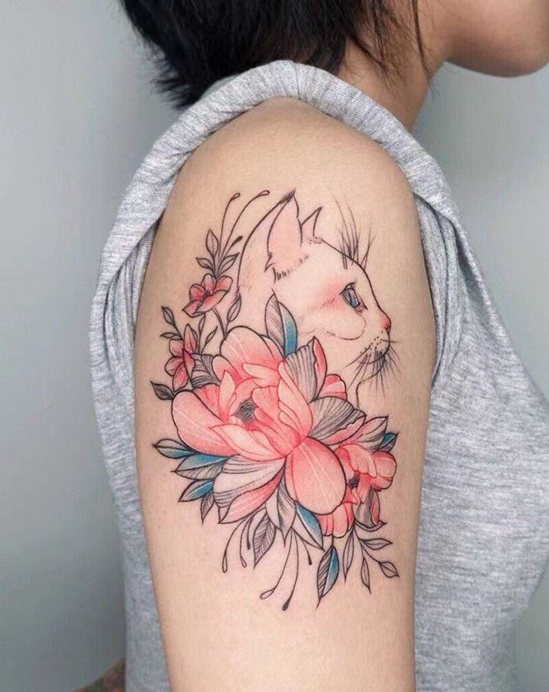 素花猫儿【玖妹作品】纹身图片_手臂点刺水彩素花猫纹身图案
