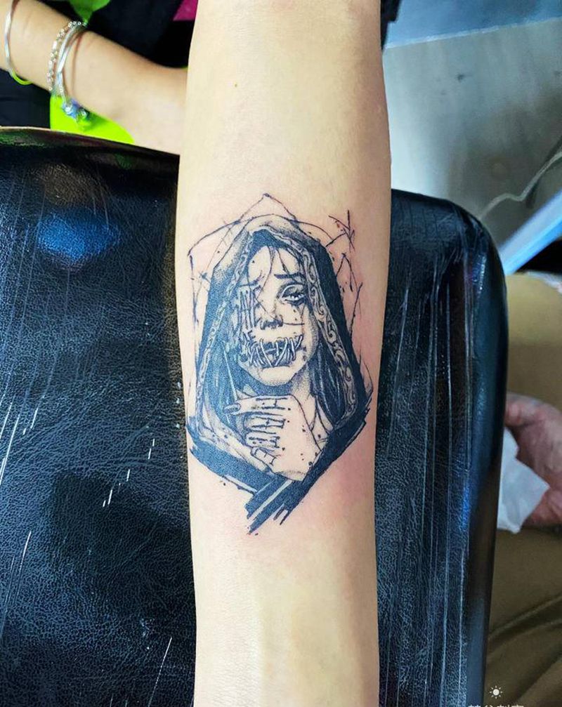 暗黑修女纹身图片_手臂欧美写实纹身图案