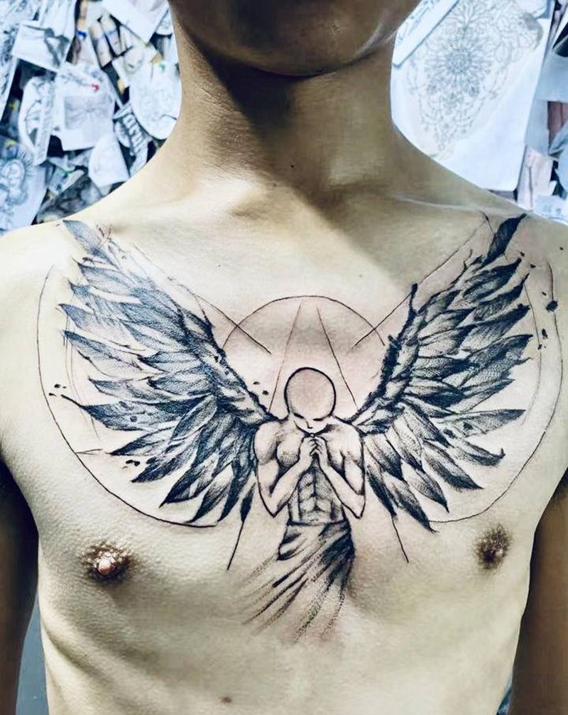 祈祷天使纹身图片_胸部点刺纹身图案