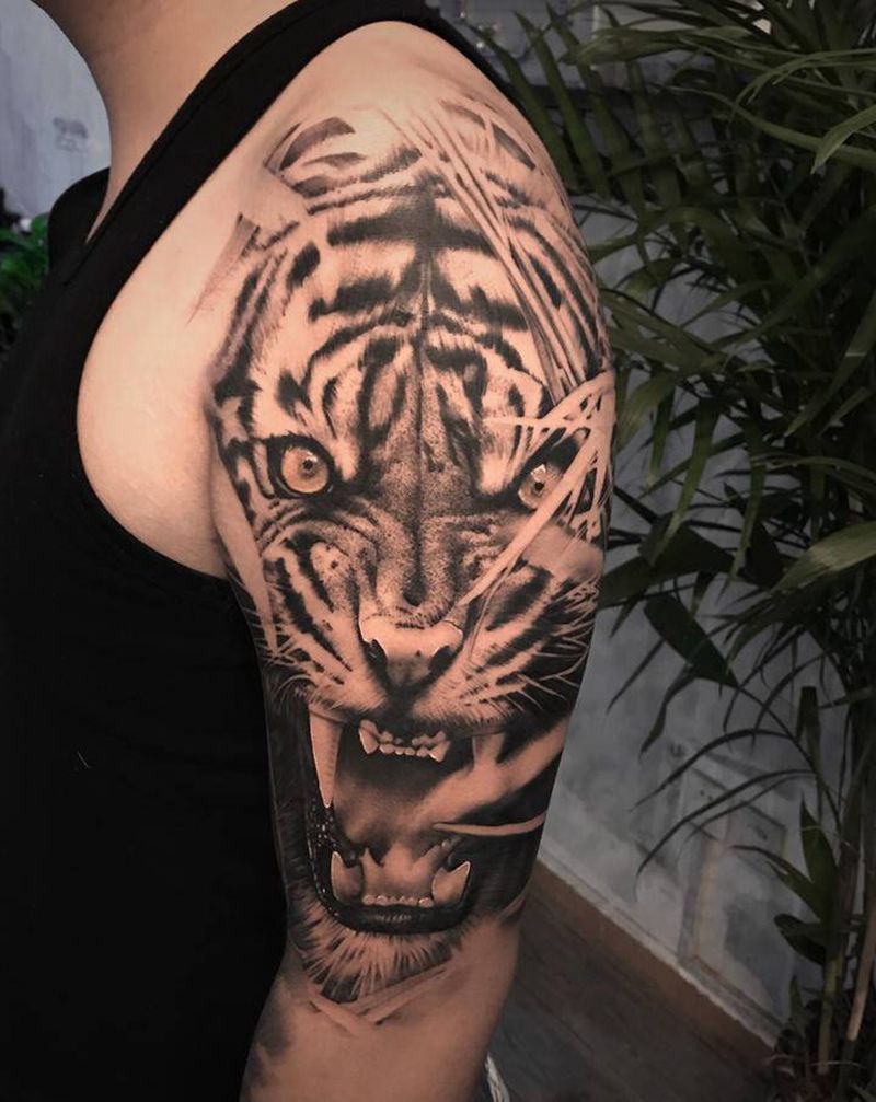 写实老虎【根作品】纹身图片_手臂欧美写实老虎原创纹身图案