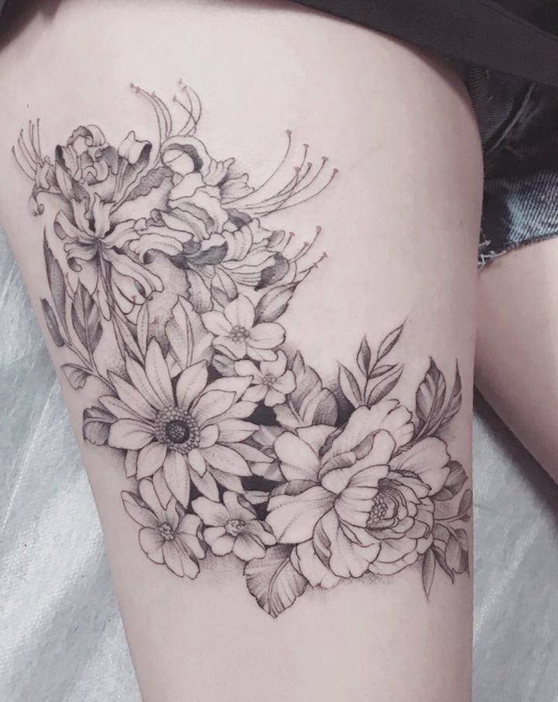 素花【根作品】纹身图片_腿部点刺素花纹身图案