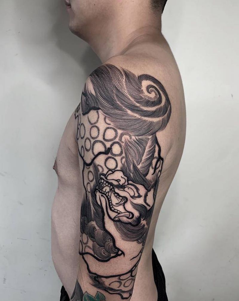 唐狮子割线纹身图片_手臂老传统唐狮子纹身图案