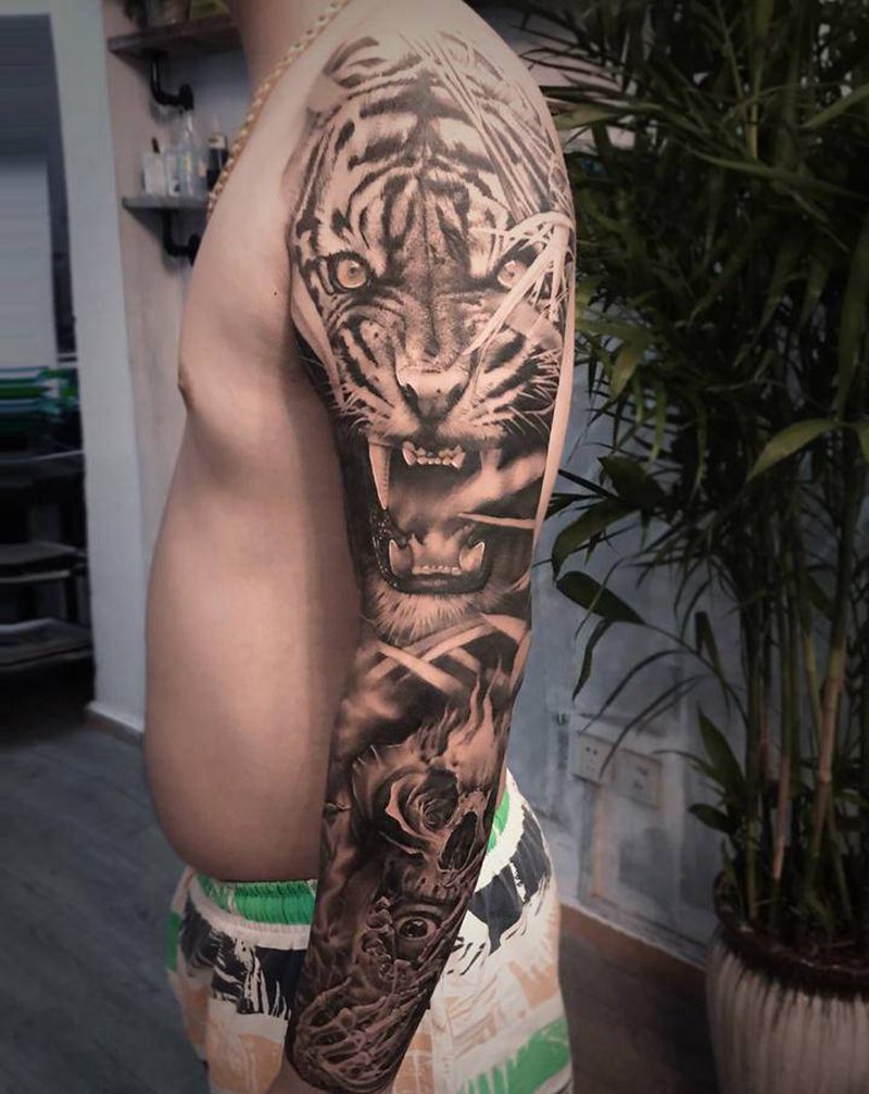 写实花臂【根作品】纹身图片_手臂欧美写实老虎骷髅帆船纹身图案